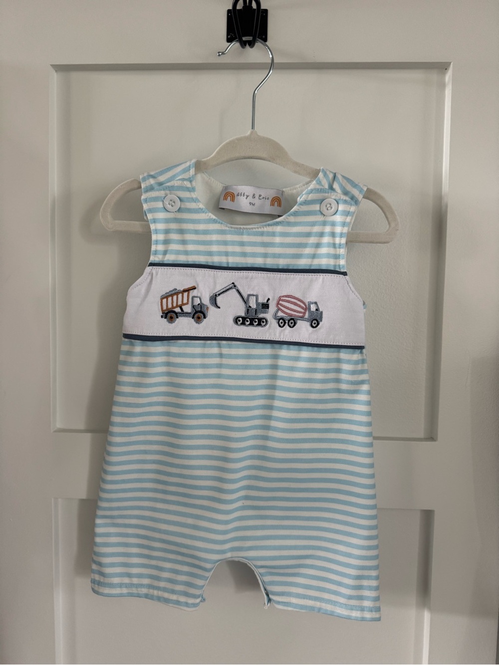 Never Worn! Abby & Evie Light Blue Striped Construction Embroidered Baby Romper